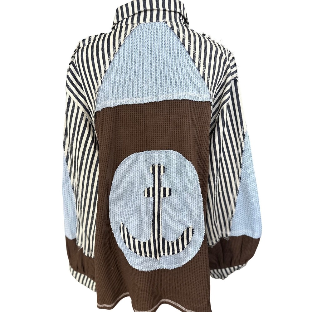 POL NWT Striped Waffle Knit Patchwork Button‎ Up … - image 4